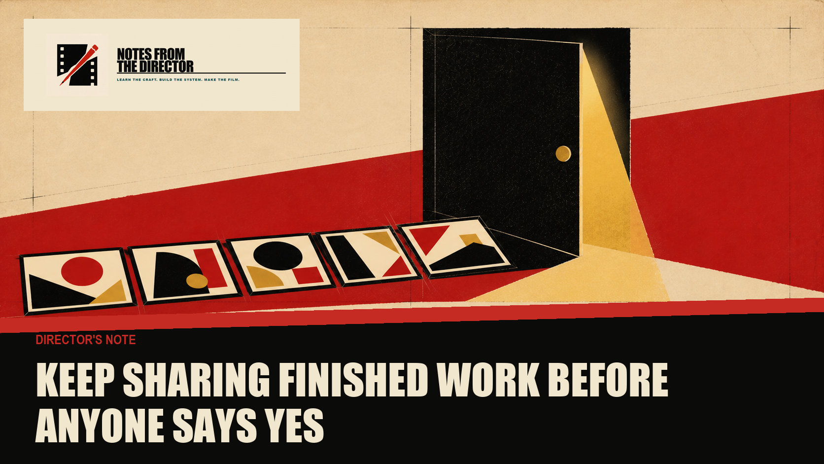 Successive completed cut-paper film frames slide under a closed black door until the final frame opens it