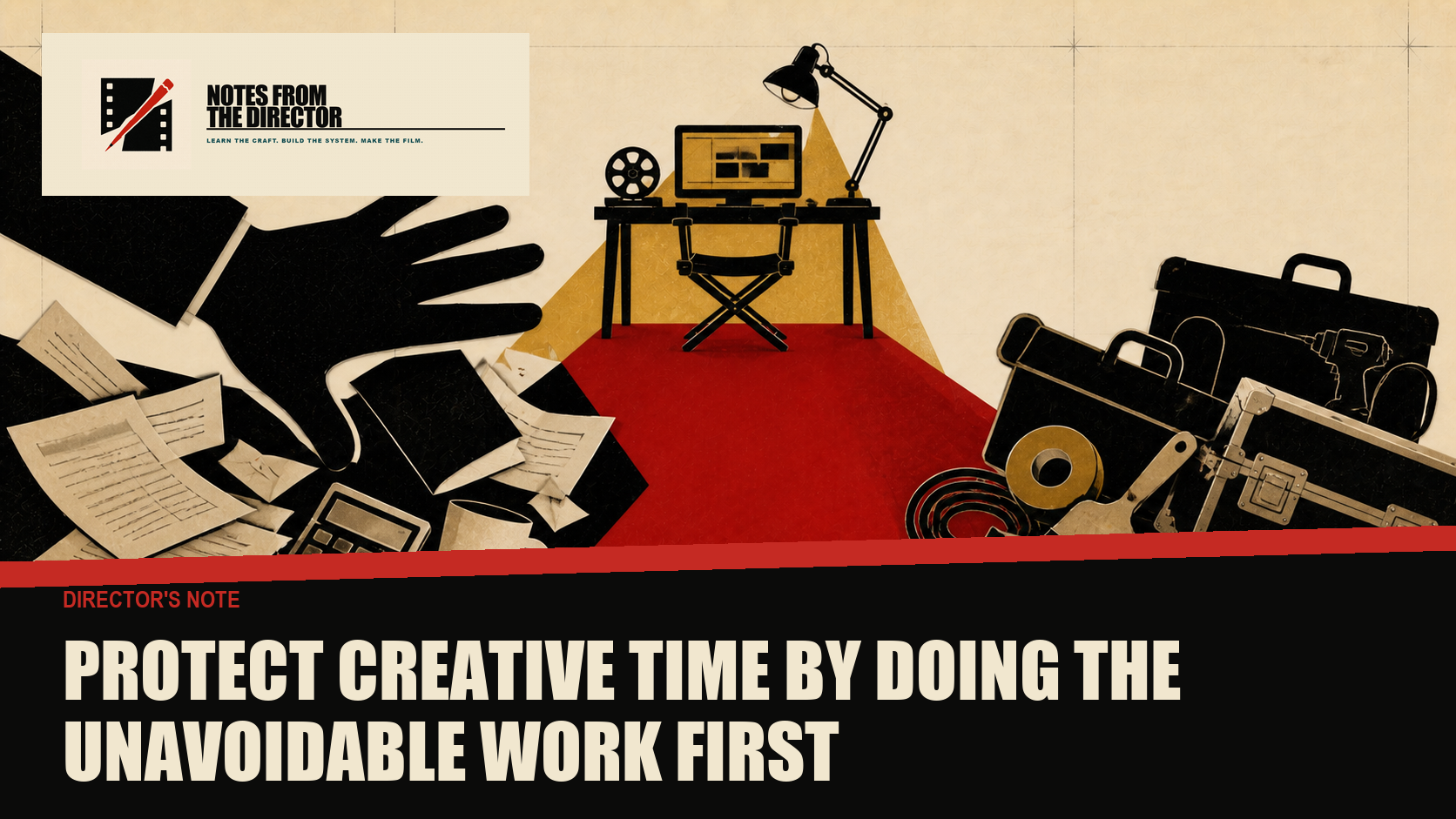 Bills, chores, and cut-paper equipment cases are cleared from a path leading to a focused editing bench