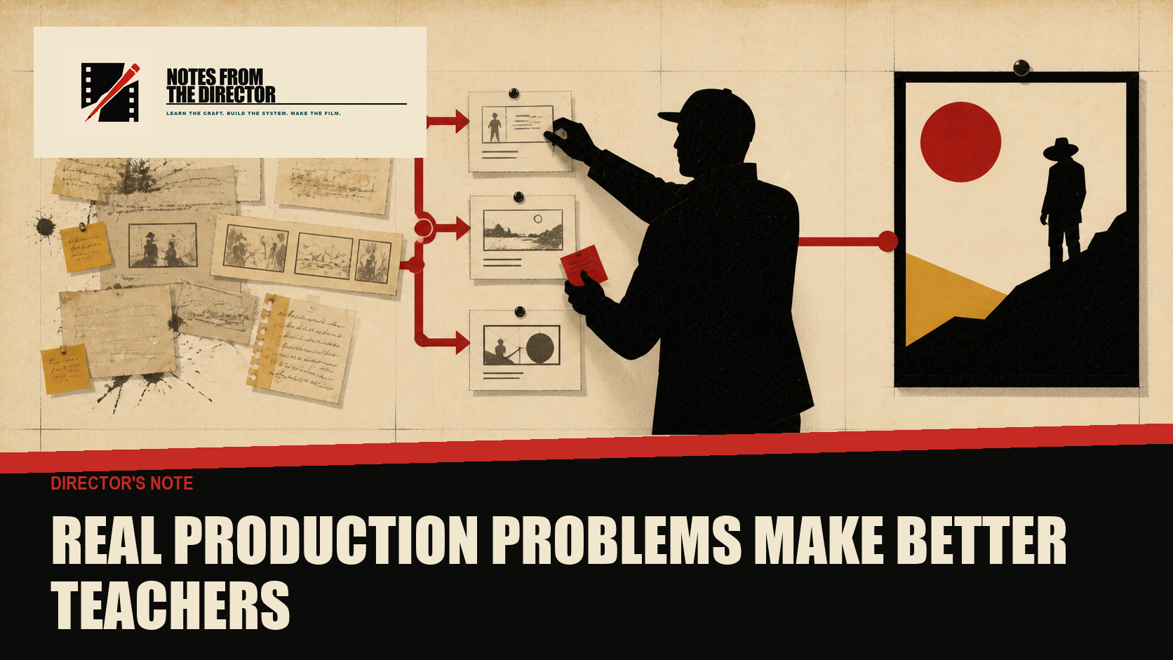 Muddy cut-paper production notes feed a clean classroom board through a red line of decisions and consequences
