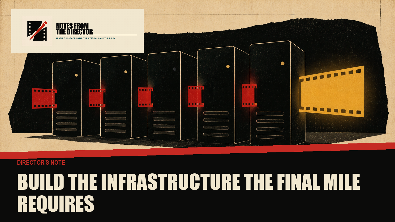 A garage cut-paper render farm lights one finished frame at a time through a dark production night