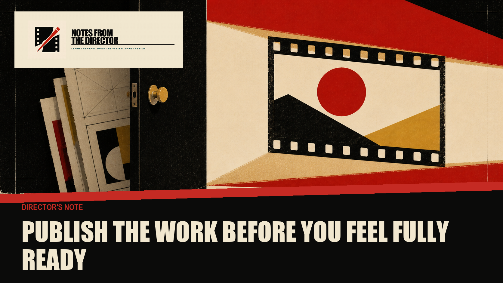A rough cut-paper film frame projects through an open door while polished sketches remain hidden in a dark room