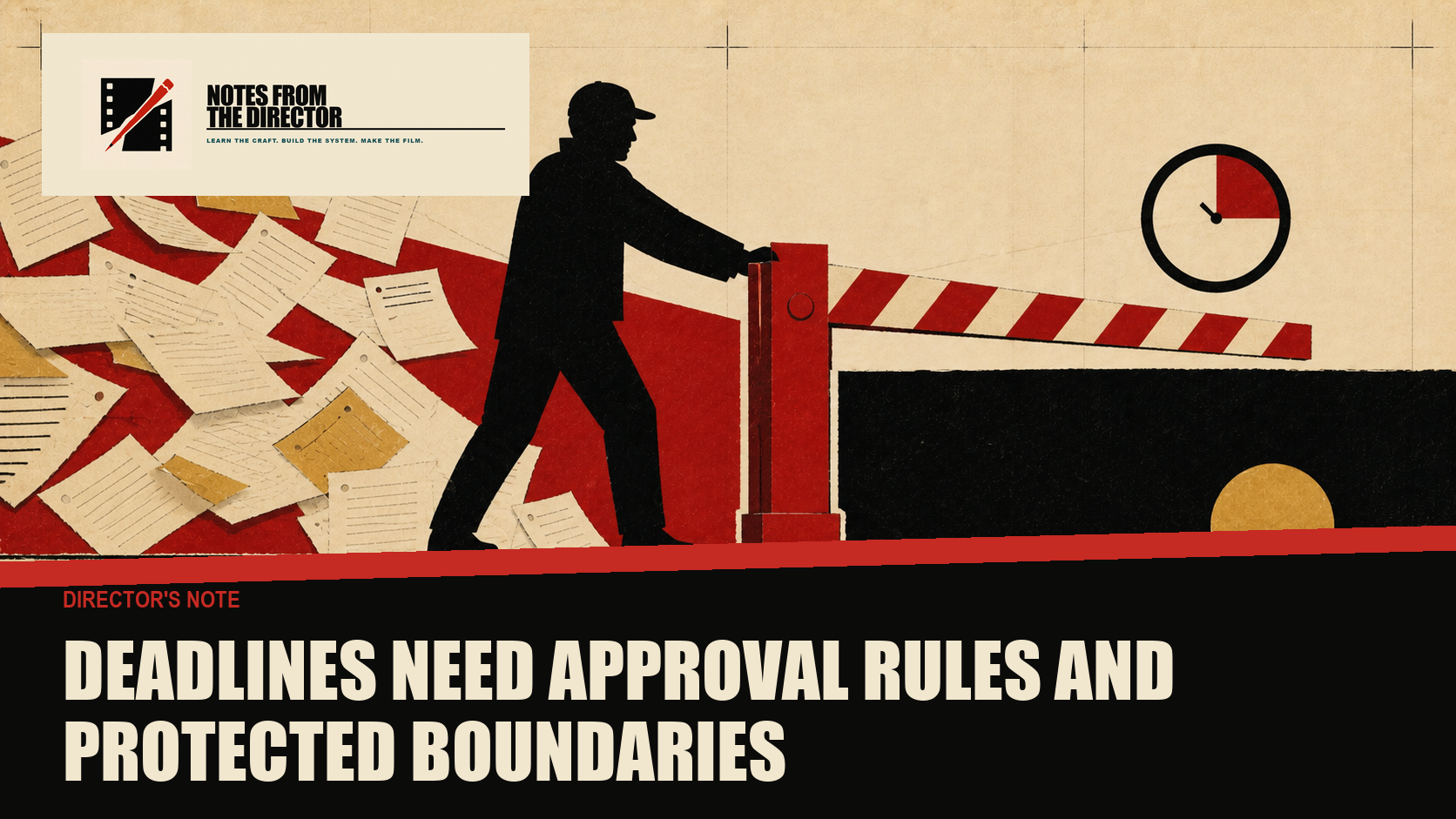 A red Friday 6 p.m. approval gate protects a dark cut-paper weekend from encroaching production pages