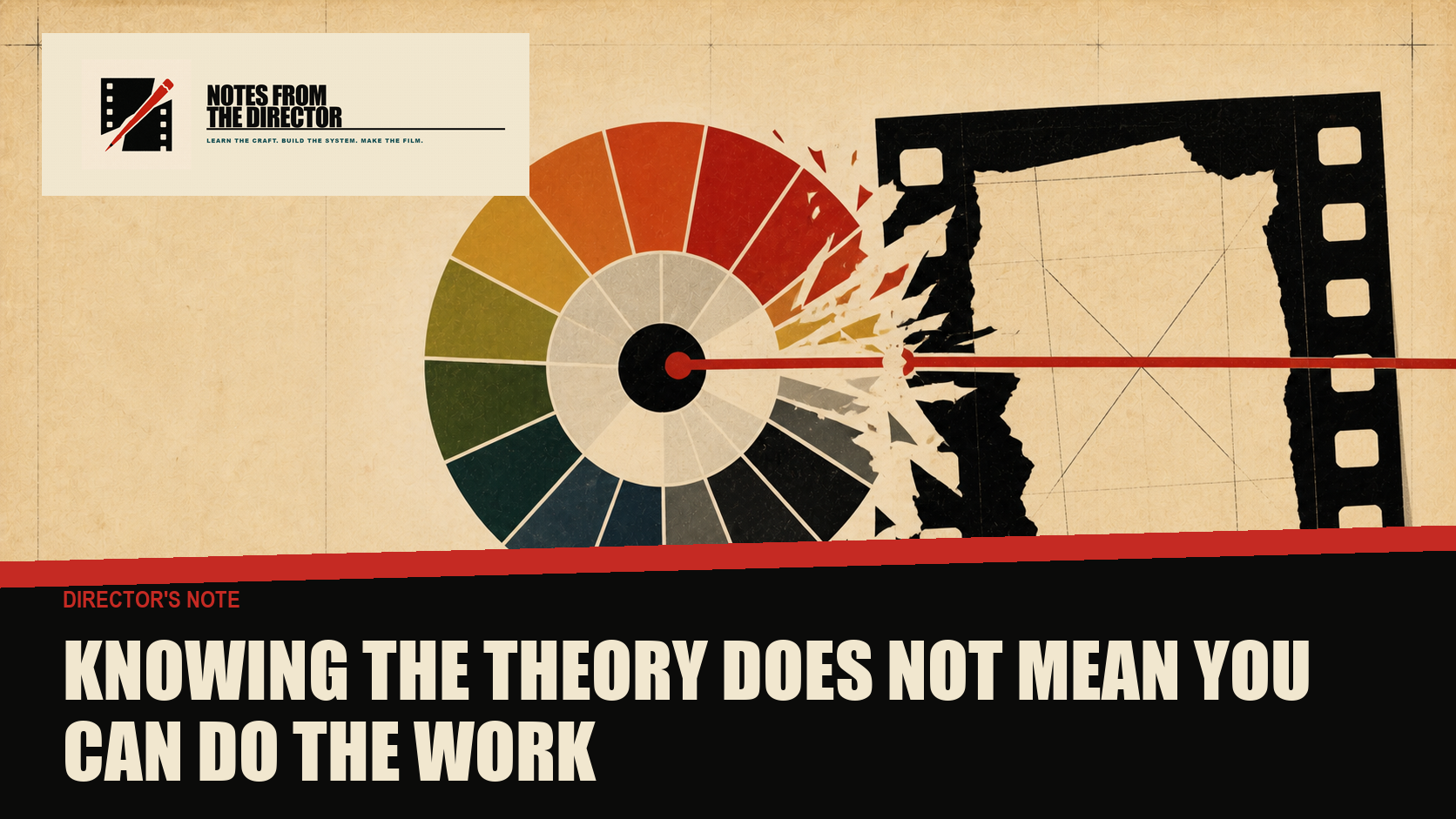 A perfect cut-paper color wheel breaks against an unfinished film frame under a hard red production line