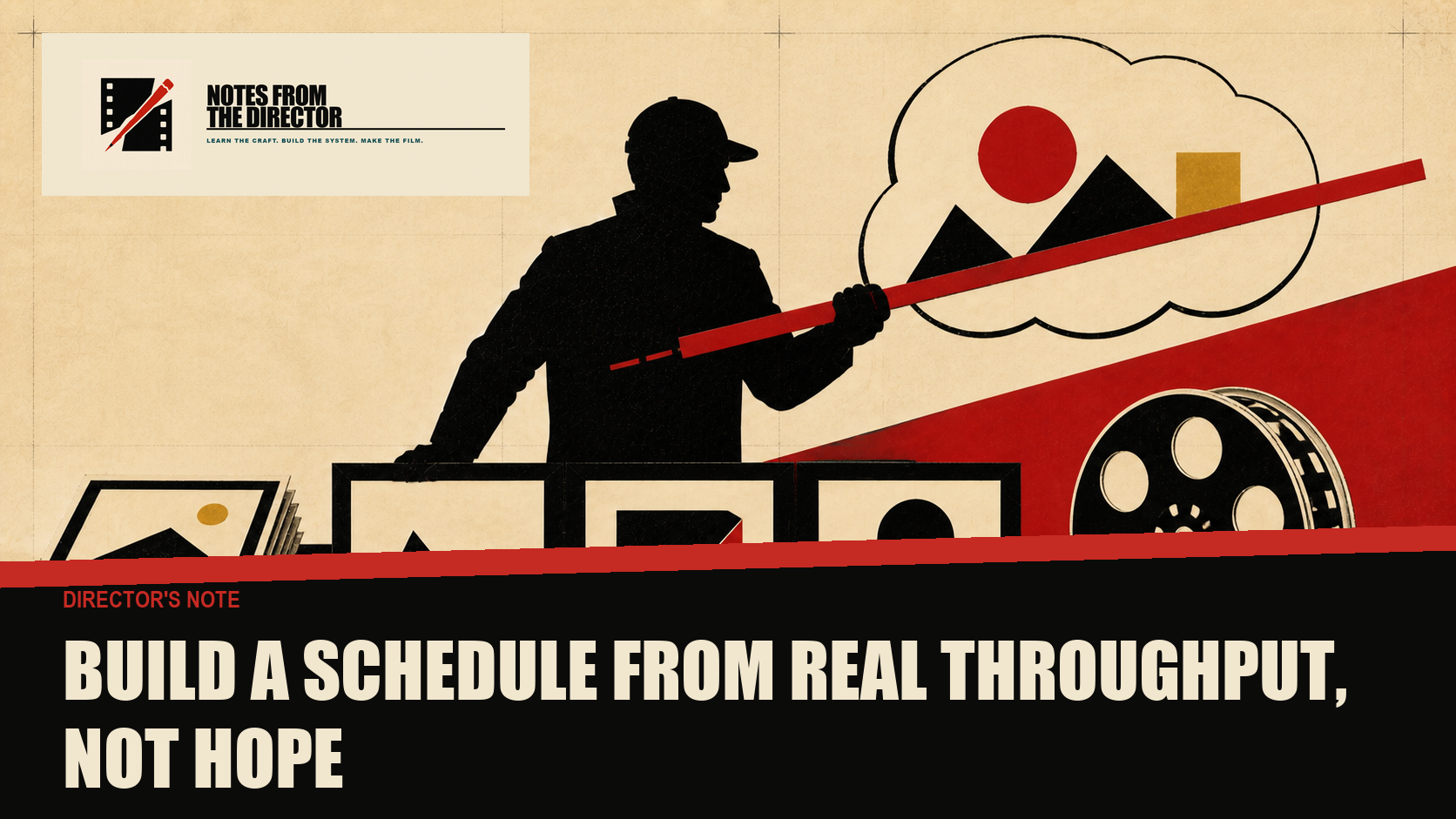 Fifteen-second cut-paper render frames stack into a nine-month production calendar marked by three red phases