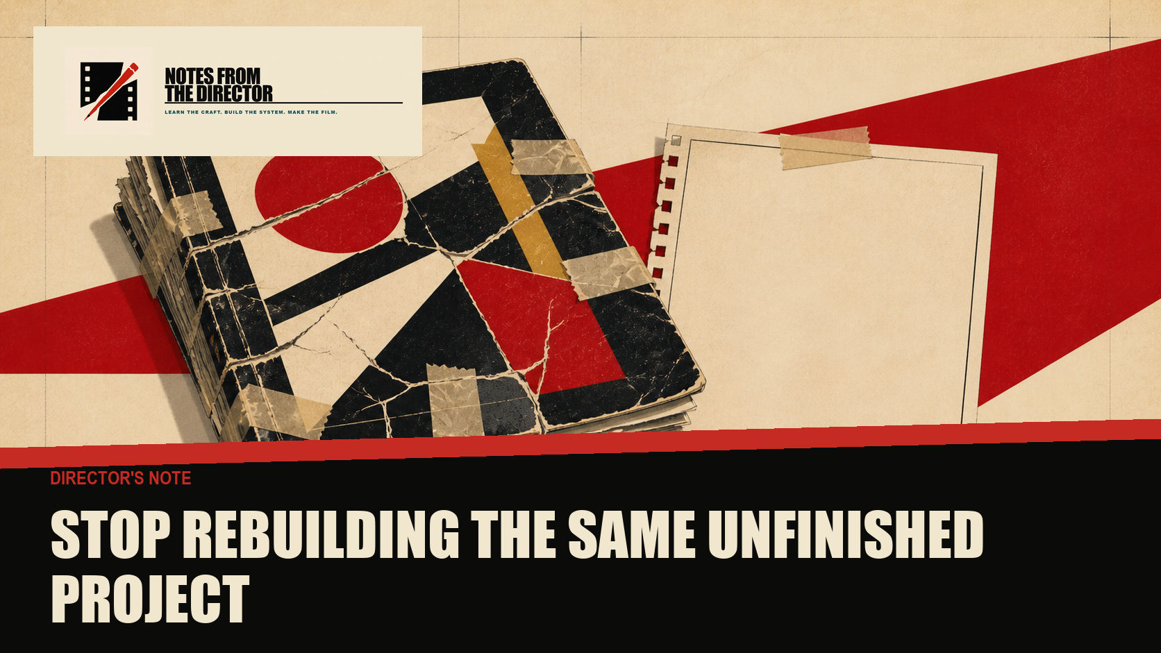 A cut-paper rulebook is repeatedly cut apart and taped back together while its final page remains blank