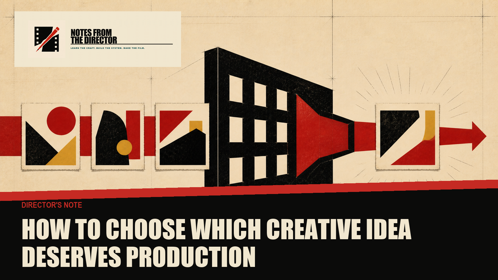 Three cut-paper script cards enter a narrowing production gate while one finished card emerges under a red light